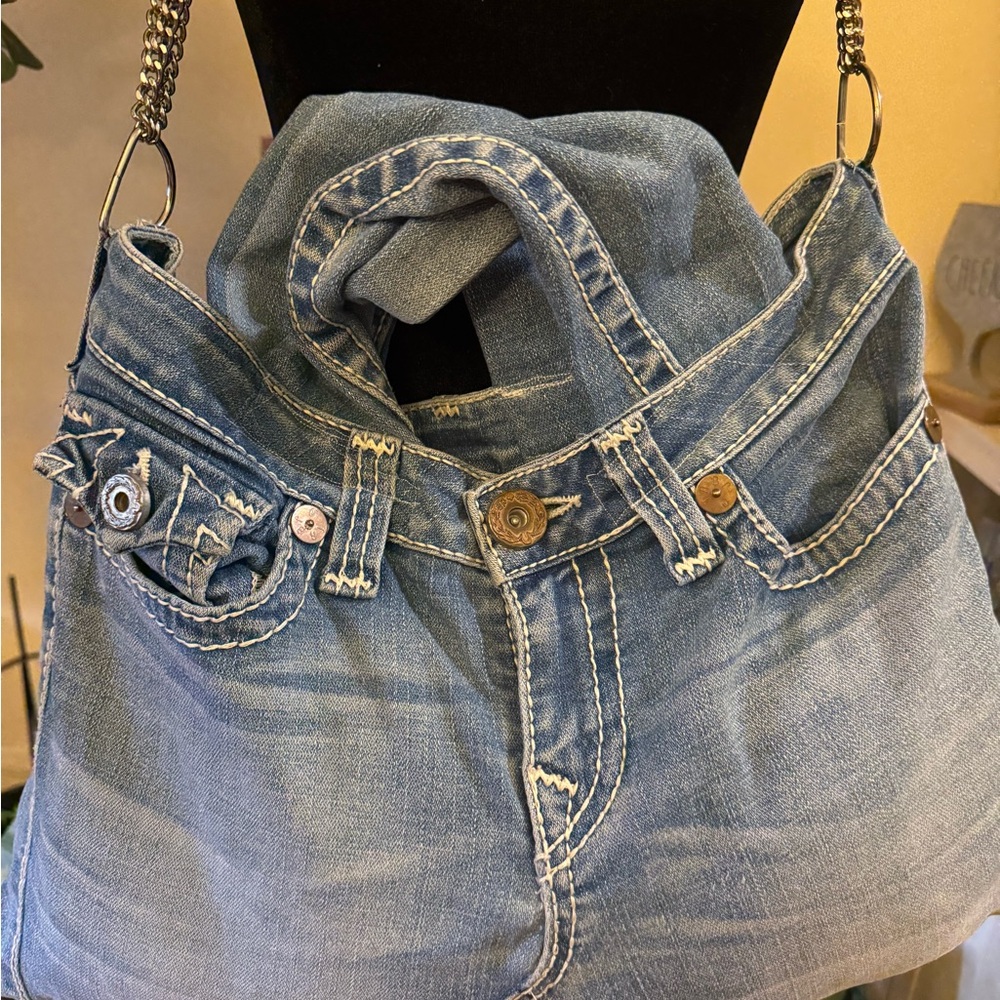 True Religion Denim Crossbody Bag with heavy duty chain strap.